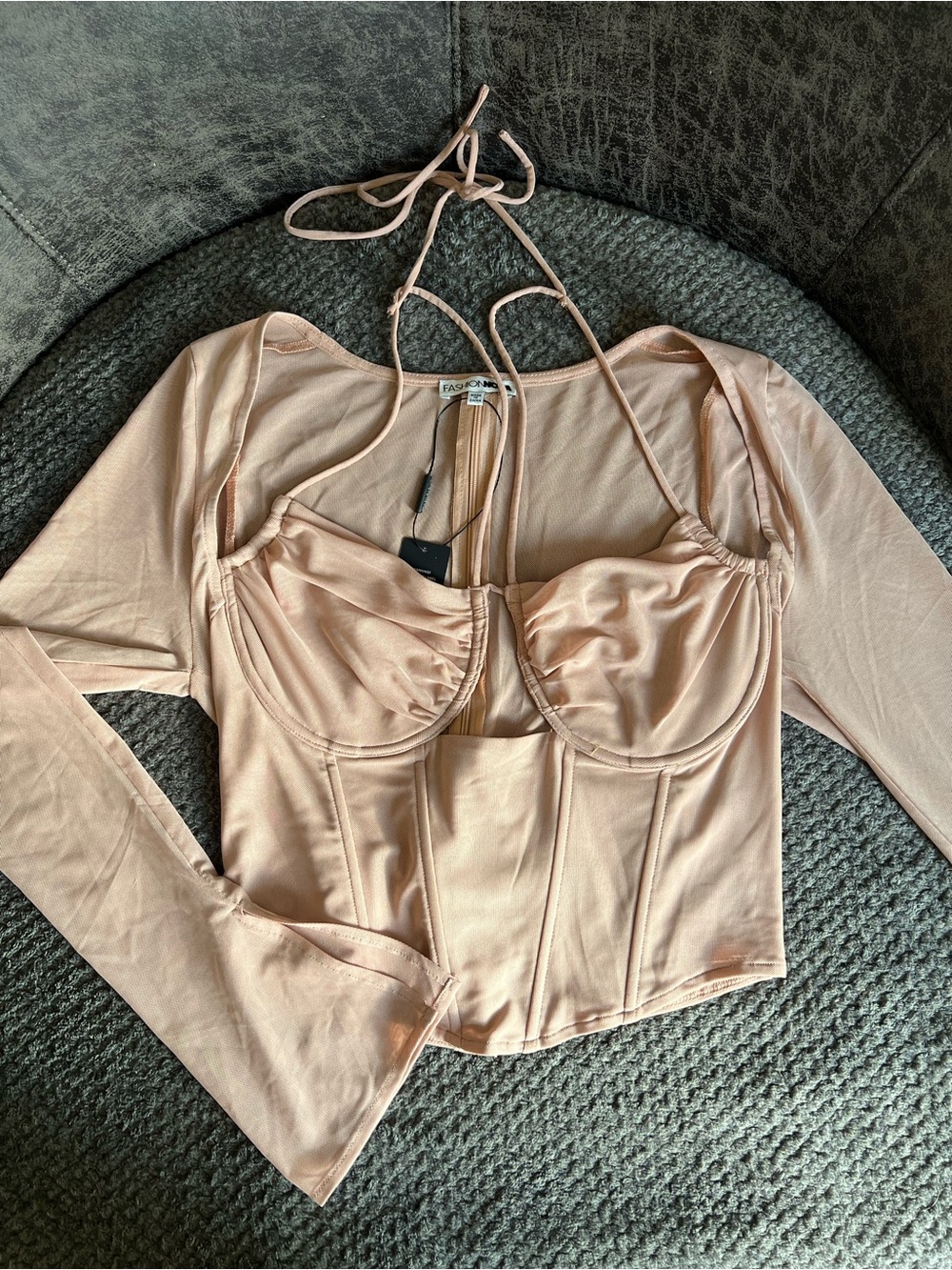Nude Corset Top with Long Sleeves